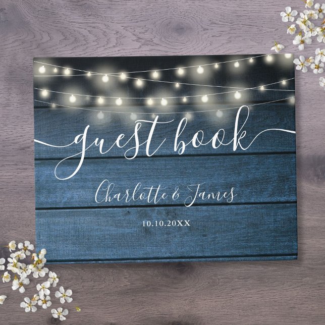 Libro De Visitas Luces de Cuerda de Madera Rústica Azul con Letrero (Blue Rustic Wood String Lights Script Wedding Guest Book)