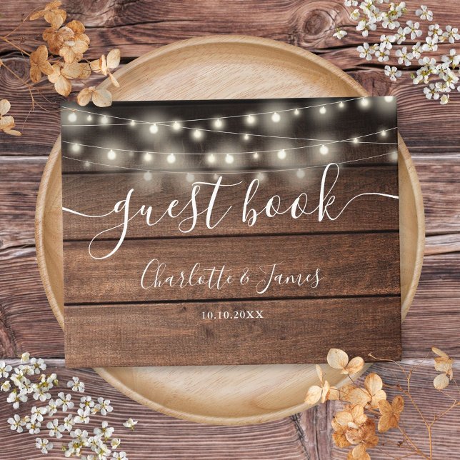 Libro De Visitas Luces de Cuerda de Madera Rústica Guión Boda (Rustic Wood String Lights Script Wedding Guest Book)