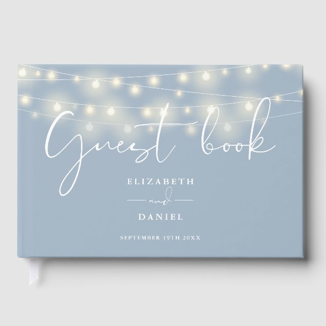 Libro De Visitas Luces de Cuerda Elegantes Azules Polvorientas Boda (Anverso)