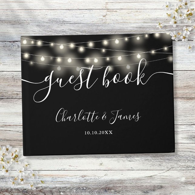 Libro De Visitas Luces de Cuerda Negras y Blancas con Letrero de Fi (Black White String Lights Signature Script Wedding Guest Book)