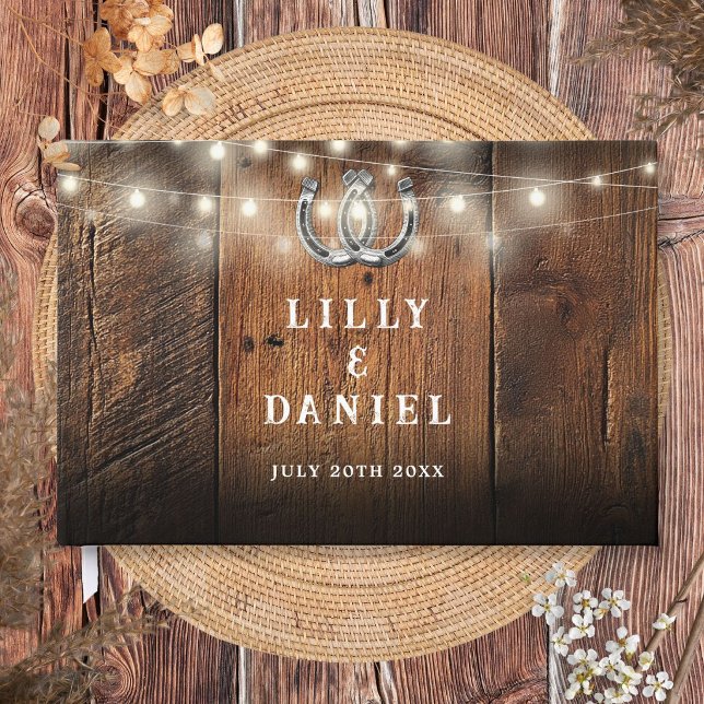Libro De Visitas Luces de Cuerdas Herraduras Madera de Granero Rúst (String Lights Horseshoes Rustic Barn Wood Wedding Guest Book)