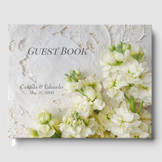 Libro De Visitas Lugar antiguo con flores blancas boda (Anverso)