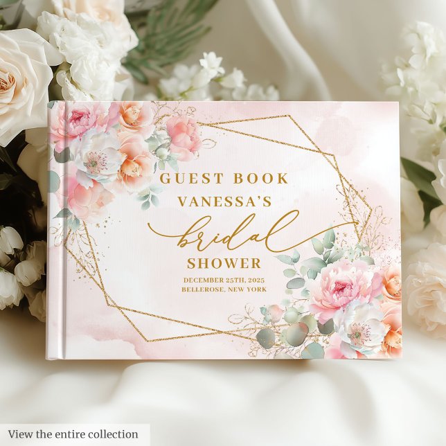 Libro De Visitas Lujo Boho Rubor Pink Gold Floral Bridal Shower (Luxury Boho Blush Gold Floral Bridal Shower Guest Book)