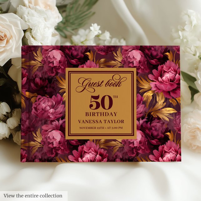 Libro De Visitas Lujoso Merlot Rubor Gold Floral 50 cumpleaños (Luxury Merlot Blush Gold Floral 50th Birthday Guest Book)
