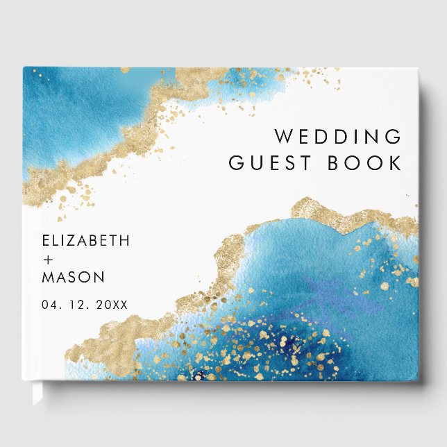 Libro De Visitas Luxe Gold y Blue Abstract Ocean Beach Wedding (Anverso)