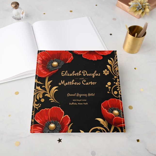 Libro De Visitas Luxury Black Red and Gold Floral Wedding  (Anverso Abierto)