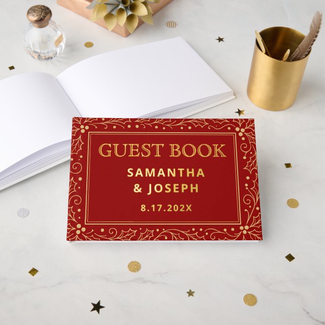 Libro De Visitas Luxury Red & Antique-Gold Wedding (Anverso Abierto)