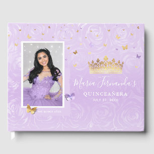 Libro De Visitas Luz Dorada Rosa Púrpura Foto Elegante Quinceañera