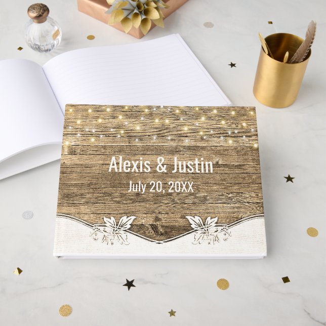 Libro De Visitas Madera de granero y luces para boda (Anverso Abierto)