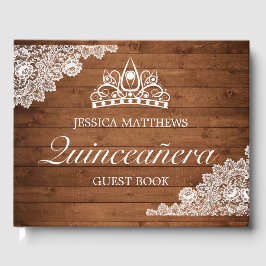 Libro De Visitas Madera rústica y encaje blanco Tiara Quinceañera