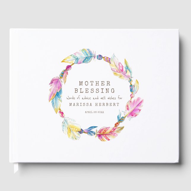 Libro De Visitas Madre Bendición perlas plumas boho colorido (Anverso)