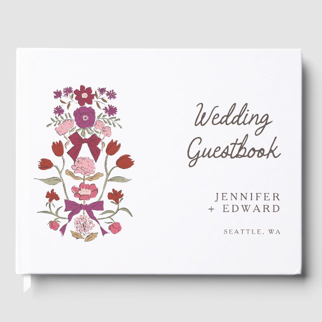 Libro De Visitas Magenta Bows & Blossoms Boda Floral (Anverso)