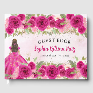 Libro De Visitas Magenta Princesa Floral de oro rosa caliente Quinc