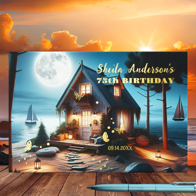 Libro De Visitas Magical Beach House Dream Birthday Real Relieve me (Guest book featuring a dreamy beach house scene with butterflies at full moon with real foil texts)