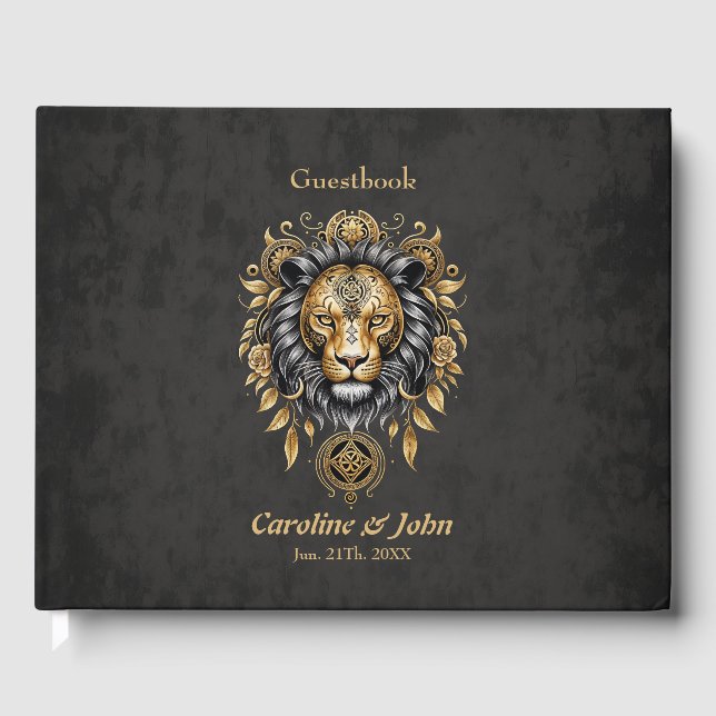 Libro De Visitas Majestuosa cabeza de león dorada con mané negro. (Anverso)