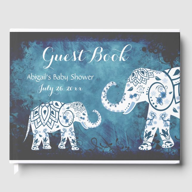 Libro De Visitas Mandalas azules en el Baby Shower de Elefantes Bla (Anverso)