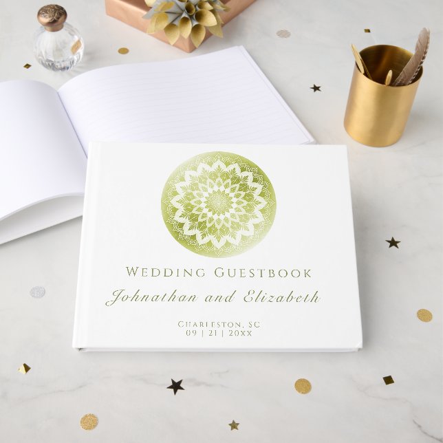 Libro De Visitas Mandalas de encaje verde para boda (Anverso Abierto)