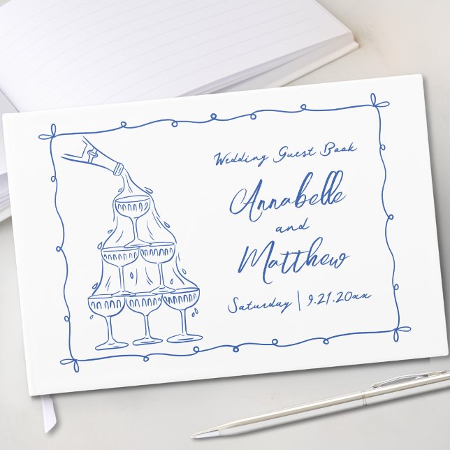 Libro De Visitas Mano caprichosa dibujó Boda azul (Whimsical Retro Hand Drawn Blue Wedding Guest Book)