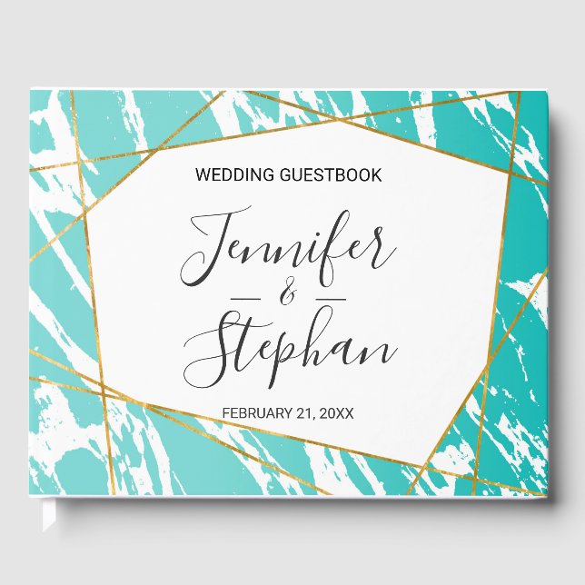 Libro De Visitas Marble Seafoam Verde azulado Oro Boda Geométrico (Anverso)