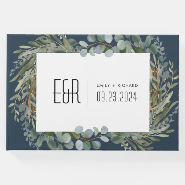 Libro De Visitas Marco azul de eucalipto verde negro sobre blanco (Anverso)