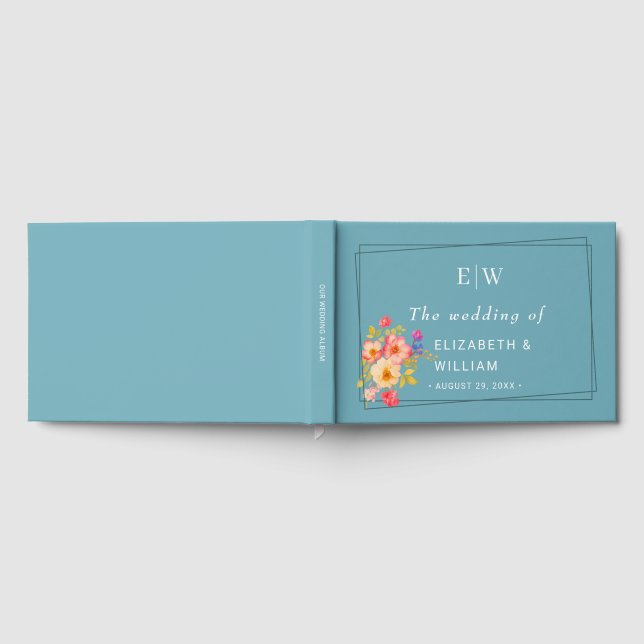 Libro De Visitas Marco con Rosas, estilo Boda en azul retro (Lleno)