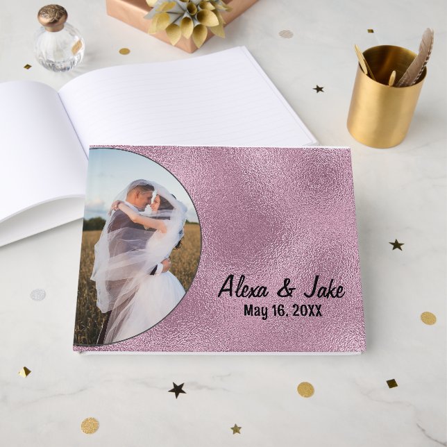 Libro De Visitas Marco de foto de boda de vidrio rosa (Anverso Abierto)