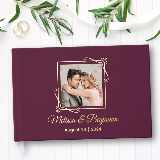 Libro De Visitas Marco de papel de oro sobre boda de burdeos (Subido por el creador)