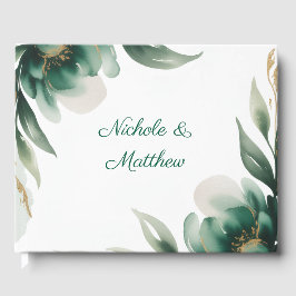 Libro De Visitas Marco Floral de Boda Verde Esmeralda y Dorado