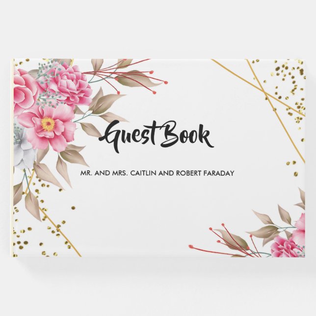 Libro De Visitas Marco geométrico dorado floral rosa (Anverso)