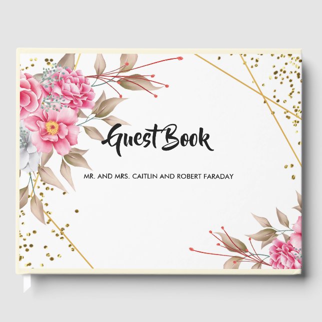 Libro De Visitas Marco geométrico dorado floral rosa (Anverso)