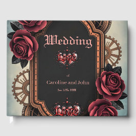 Libro De Visitas Marco Steampunk con rosas y engranajes rojos