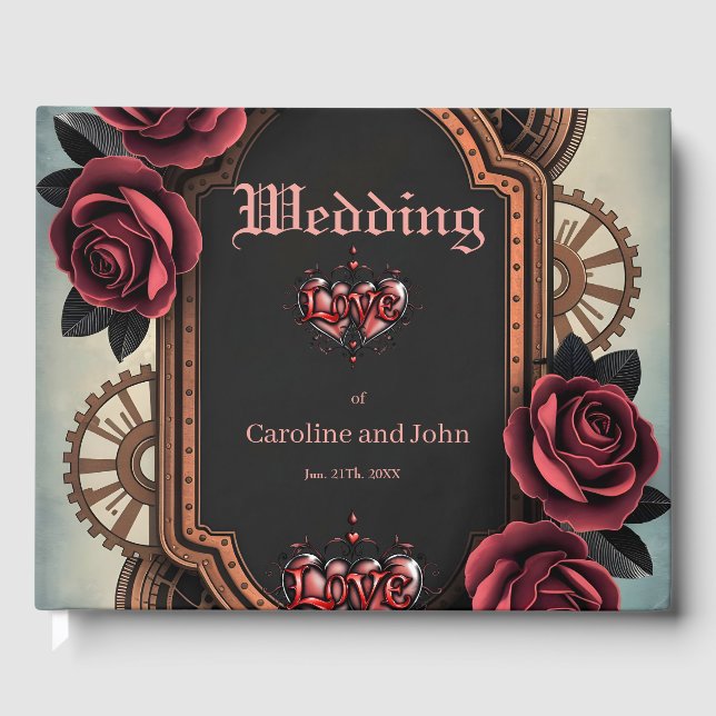 Libro De Visitas Marco Steampunk con rosas y engranajes rojos (Anverso)