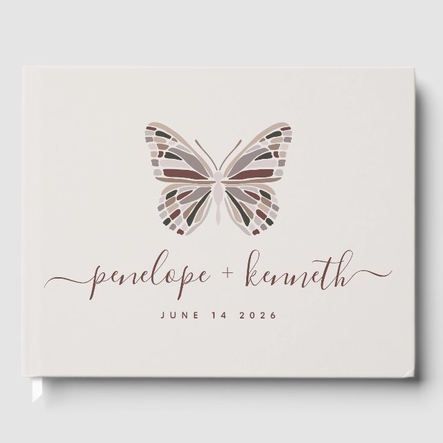 Libro De Visitas Mariposa Boho simple Burgundy Taupe Boda (Anverso)