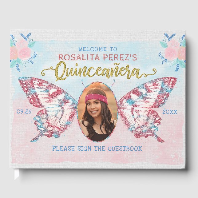 Libro De Visitas Mariposa con foto Quinceanera Sweet 15 cumpleaños (Anverso)