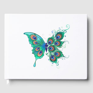 Libro De Visitas Mariposa con plumas de pavo real verde
