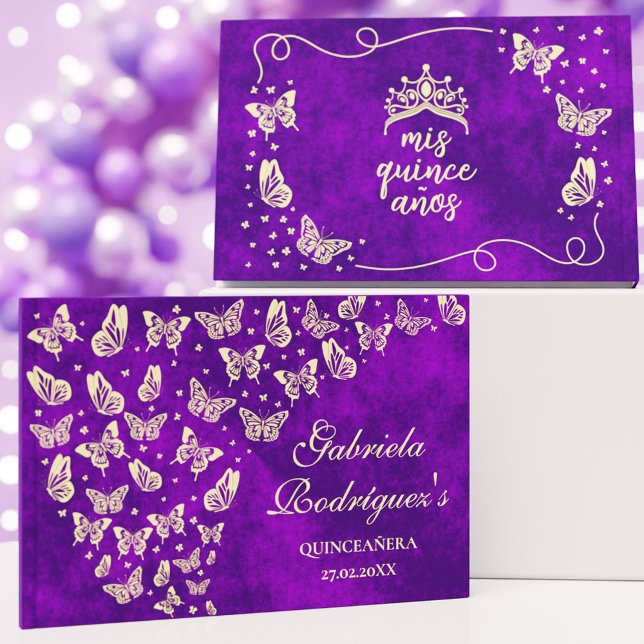Libro De Visitas Mariposa de oro púrpura mis membrillos años Quince (Purple Gold Butterfly mis quince años Quinceañera Foil Guest Book)