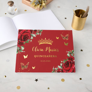 Libro De Visitas Mariposa de Rosas Rojas Quinceañera Cumpleaños Dul