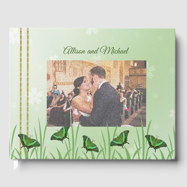 Libro De Visitas Mariposa verde sobre verde claro - boda (Anverso)