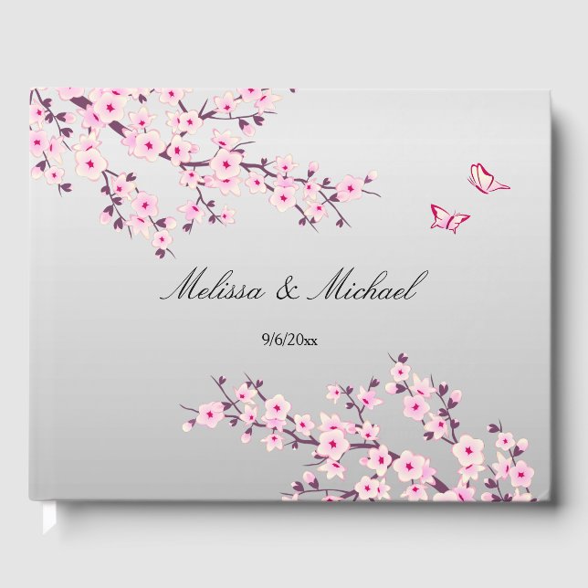 Libro De Visitas Mariposas con flores de cerezo Gris rosa | BODA (Anverso)