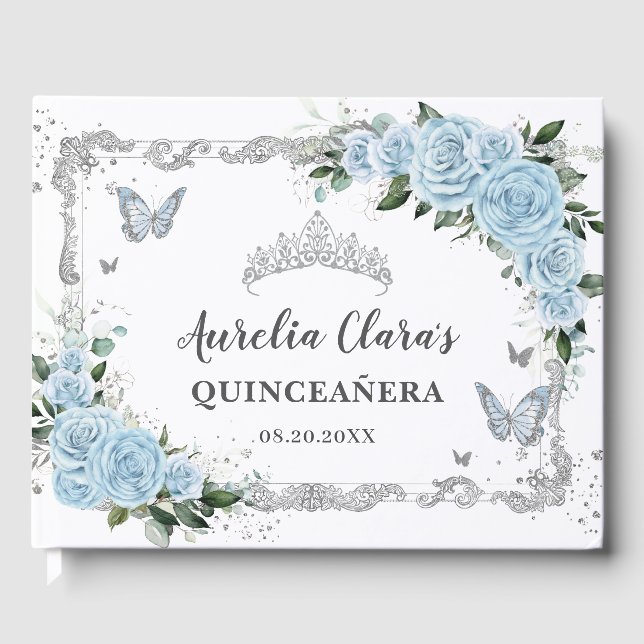 Libro De Visitas Mariposas Floral Azul cielo claro Quinceañera (Anverso)