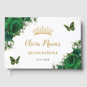 Libro De Visitas Mariposas florales de color verde esmeralda Quince