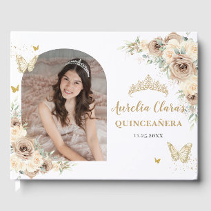 Libro De Visitas Mariposas florales de crema de champán Quinceañera