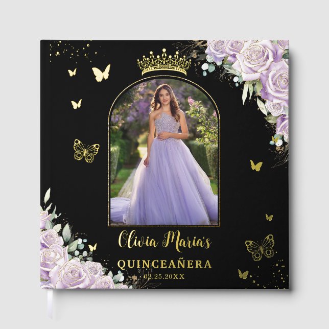 Libro De Visitas Mariposas Florales Purple Lilac Quinceañera Foto (Anverso)