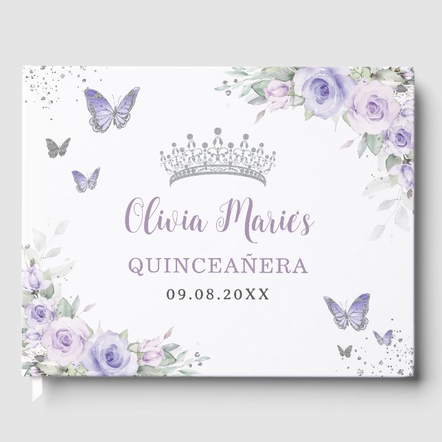 Libro De Visitas Mariposas Florales Púrpura Lavender Quinceañera (Anverso)