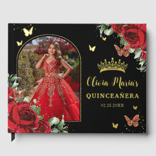 Libro De Visitas Mariposas Florales Rojas Foto de Quinceañera Negra