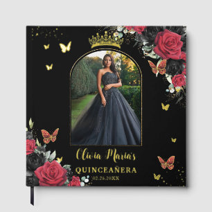 Libro De Visitas Mariposas Florales Rojas Quinceañera