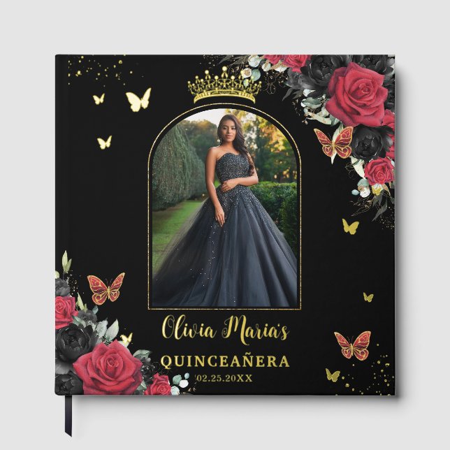 Libro De Visitas Mariposas Florales Rojas Quinceañera (Anverso)