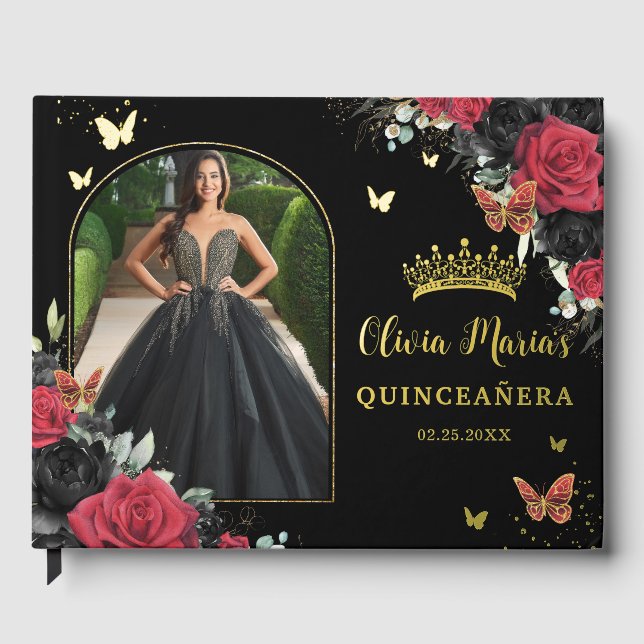 Libro De Visitas Mariposas florales rojas y negras foto de Quinceañ (Anverso)