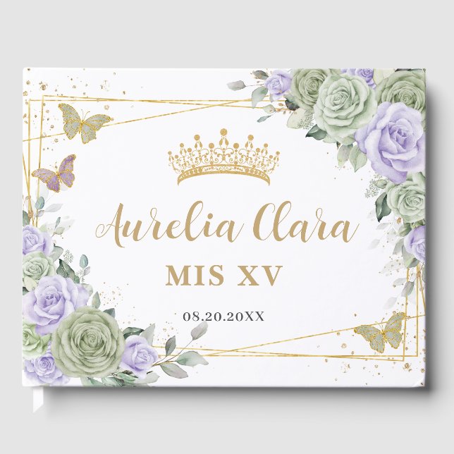 Libro De Visitas Mariposas florales Sage Green Purple QuINCEAÑERA (Anverso)