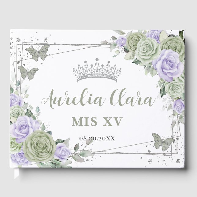 Libro De Visitas Mariposas florales Sage Green Purple QuINCEAÑERA (Anverso)